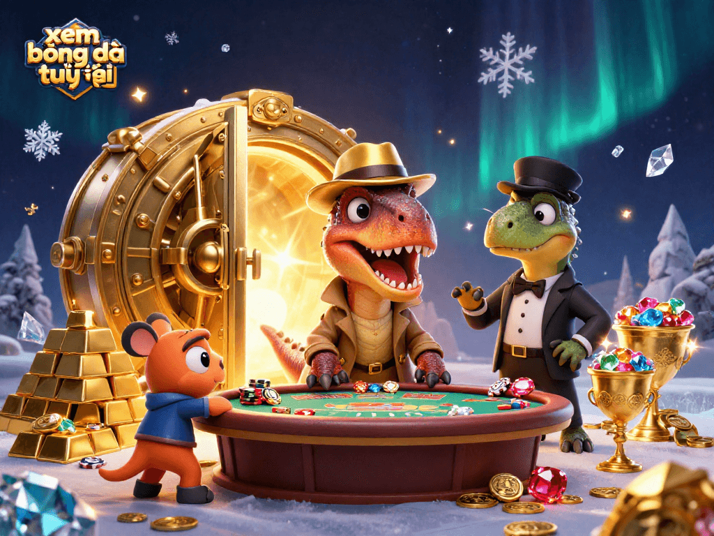 Engage with xem bóng đá trực tiếp in a 3D casino scene featuring vibrant animated characters and rich gambling elements.
