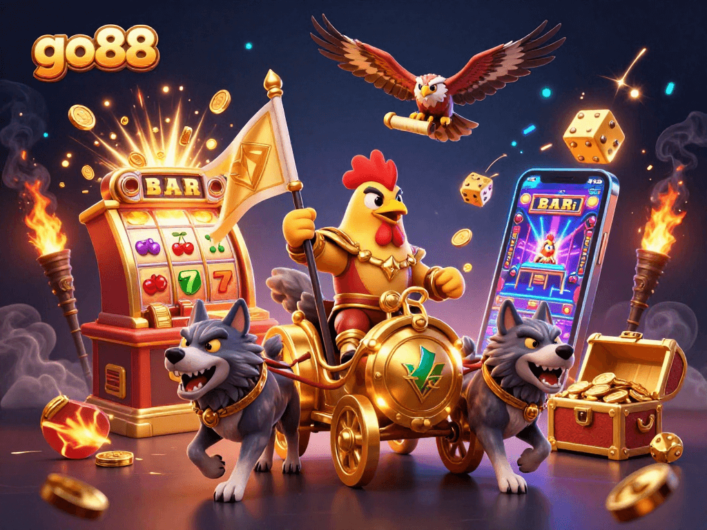 Go88 gameplay scene featuring a rooster warlord and exciting casino elements.