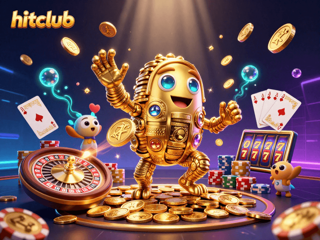 Experience excitement at hitclub with a golden golem, spinning roulette, and vibrant gaming elements.