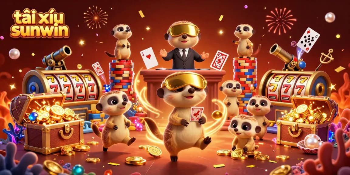 Engage in exciting tài xỉu sunwin action with meerkats running a vibrant casino scene filled with colorful gems and confetti.