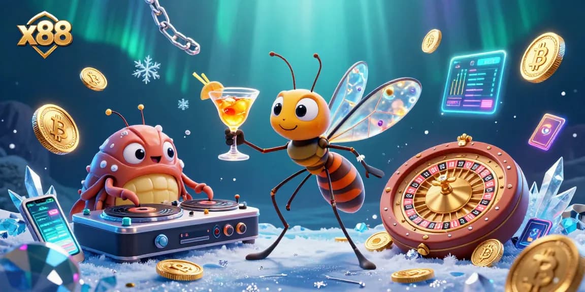 Engage with x88's vibrant casino scene featuring a frozen mosquito mascot, trilobite DJ, and glowing crypto coins.