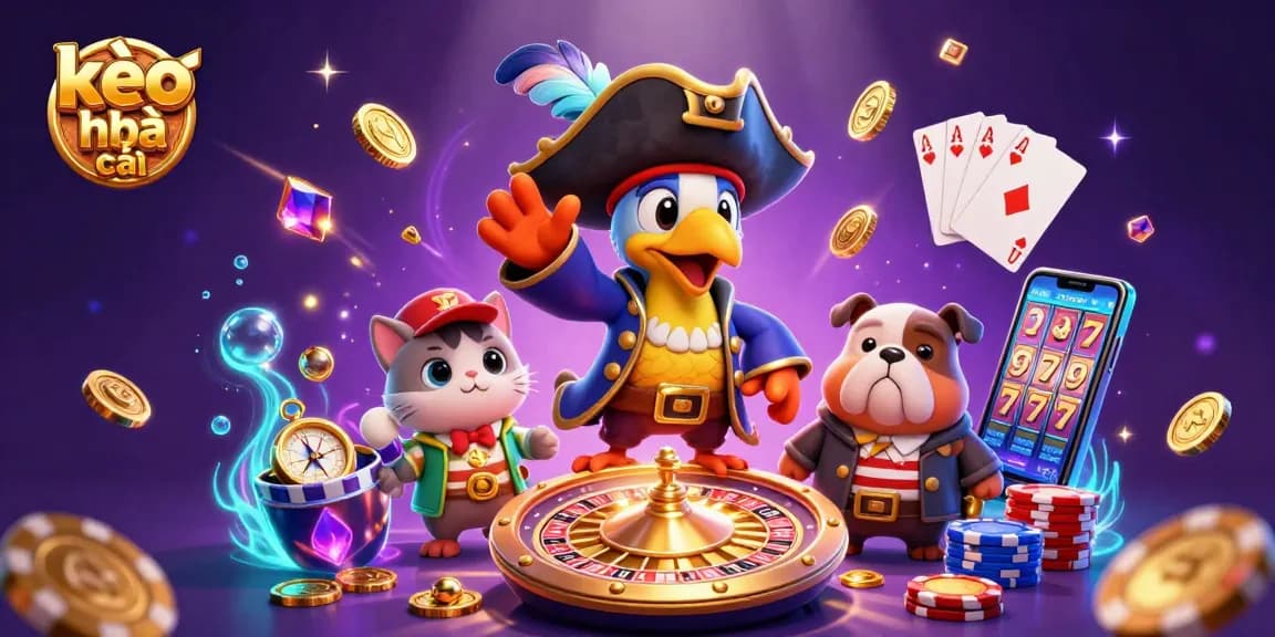 Engage with kèo nhà cái in this dynamic 3D scene featuring a pirate captain, bulldog, and cat among casino elements.