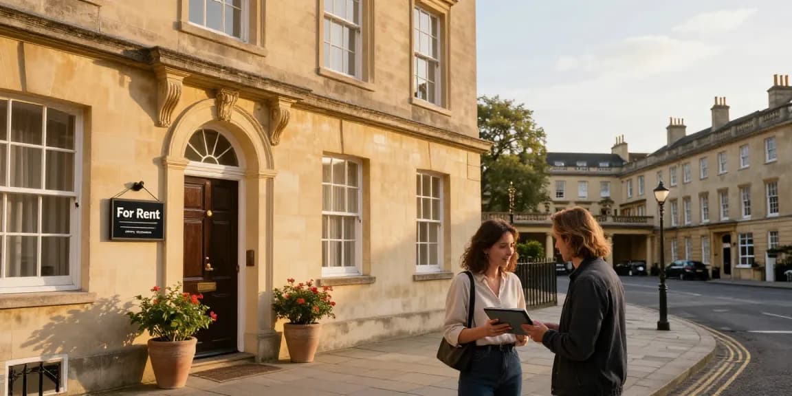 Managed Airbnb hosting Bath with a scenic Georgian townhouse and couple discussing rental plans.