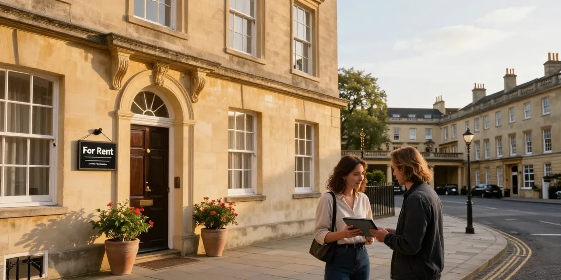 Managed Airbnb hosting Bath with a scenic Georgian townhouse and couple discussing rental plans.