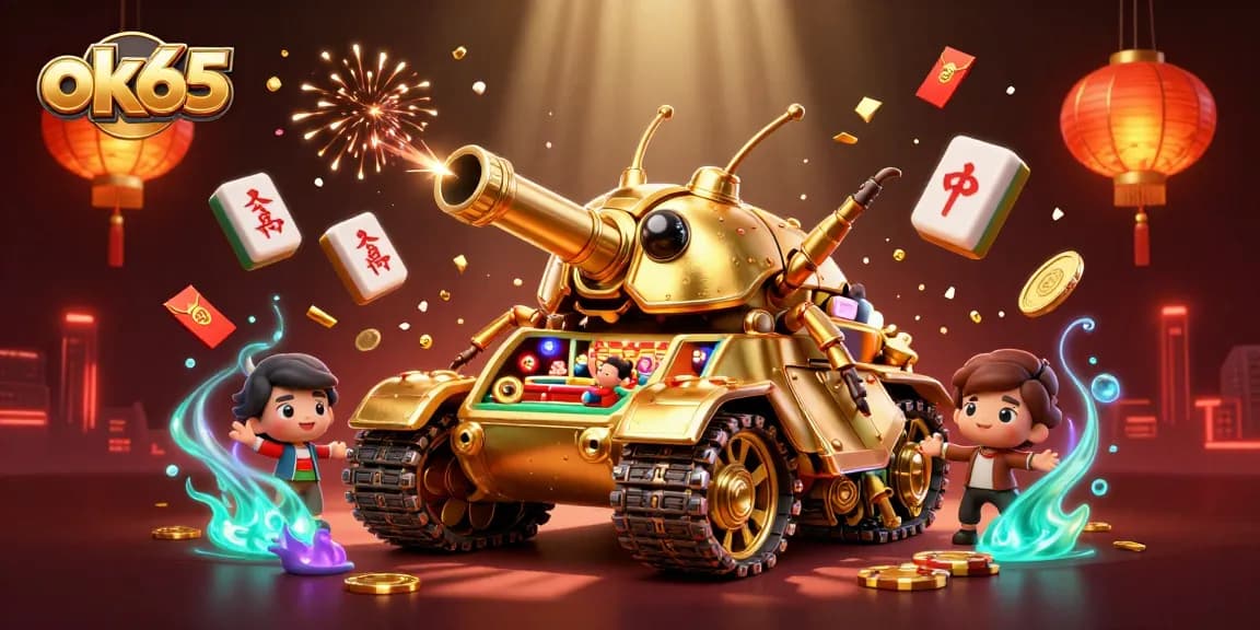 Engage with the dynamic ok65 casino scene featuring a golden beetle tank with confetti bursts and glowing lanterns.