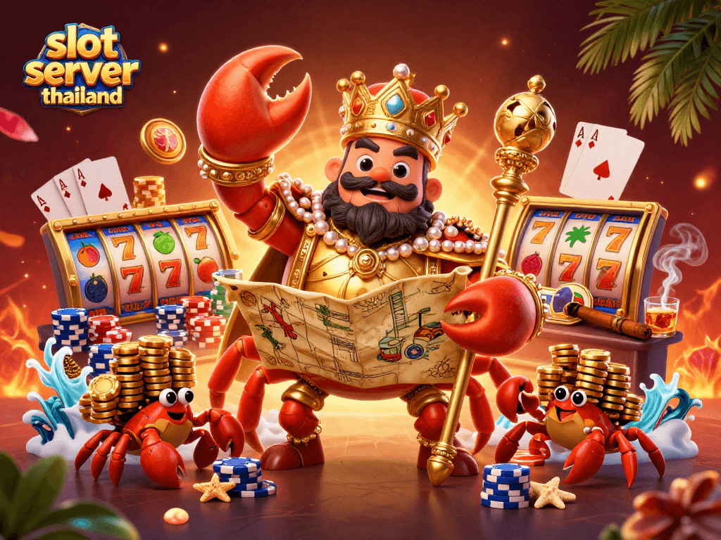 Experience exciting spins at slot server thailand with a golden crab emperor, vibrant poker elements.