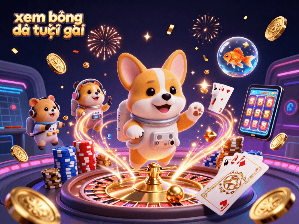 Experience live football streaming with xem bóng đá trực tiếp in a whimsical casino-themed 3D space scene.