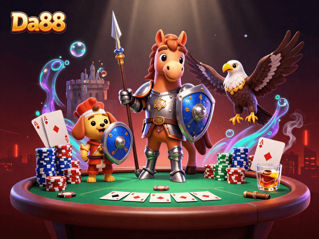 Join Da88 for an exciting poker night with knights and a puppy protector!