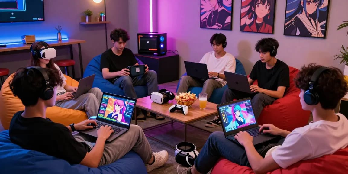 Playing game hentai in a vibrant gaming lounge with friends around comfortable seating.