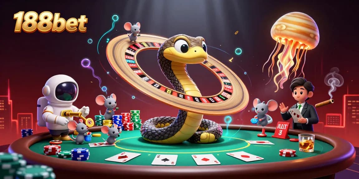 Bet on 188bet's vibrant cosmic casino scene with animated characters and dynamic game elements.