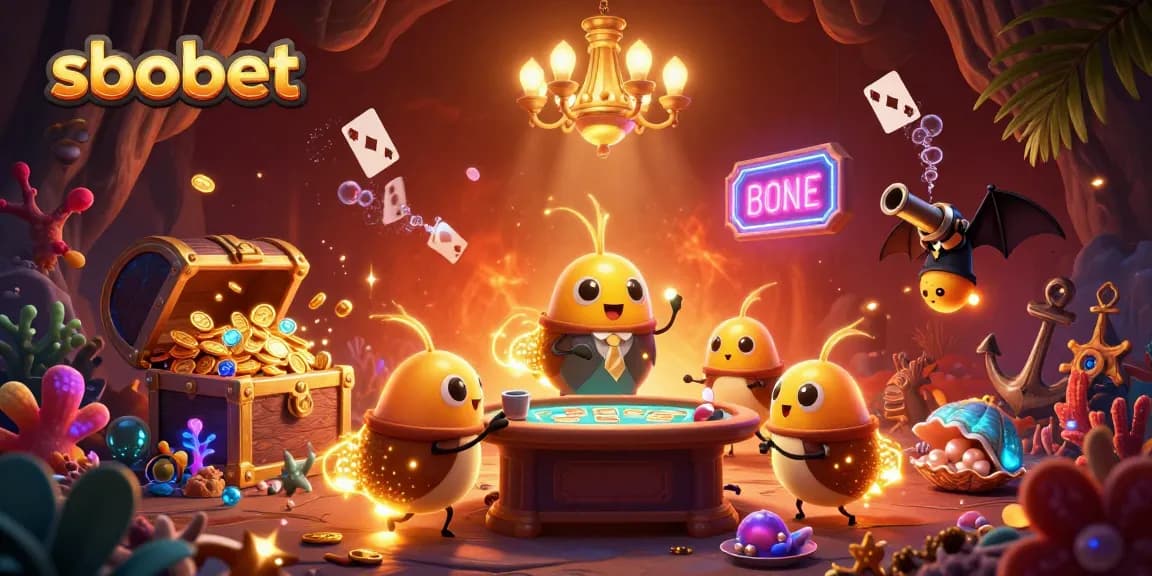 SBOBET betting scene with glowworms illuminating a cave casino filled with treasures and vibrant gaming elements.