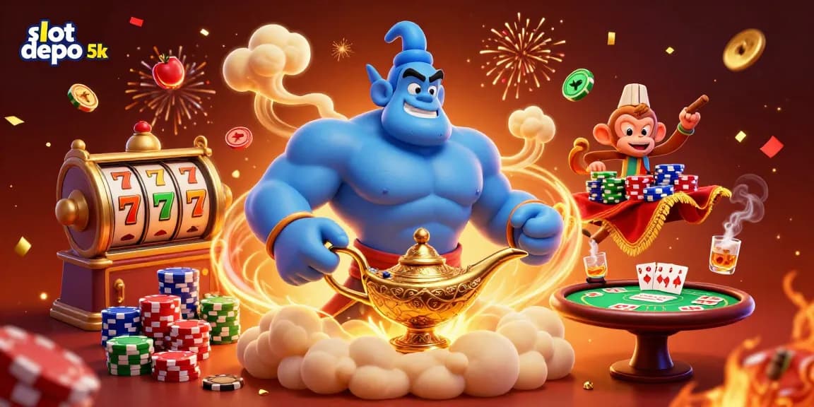 Spin to win at slot depo 5k with a colorful 3D illustration featuring a genie, monkey, and slot elements.