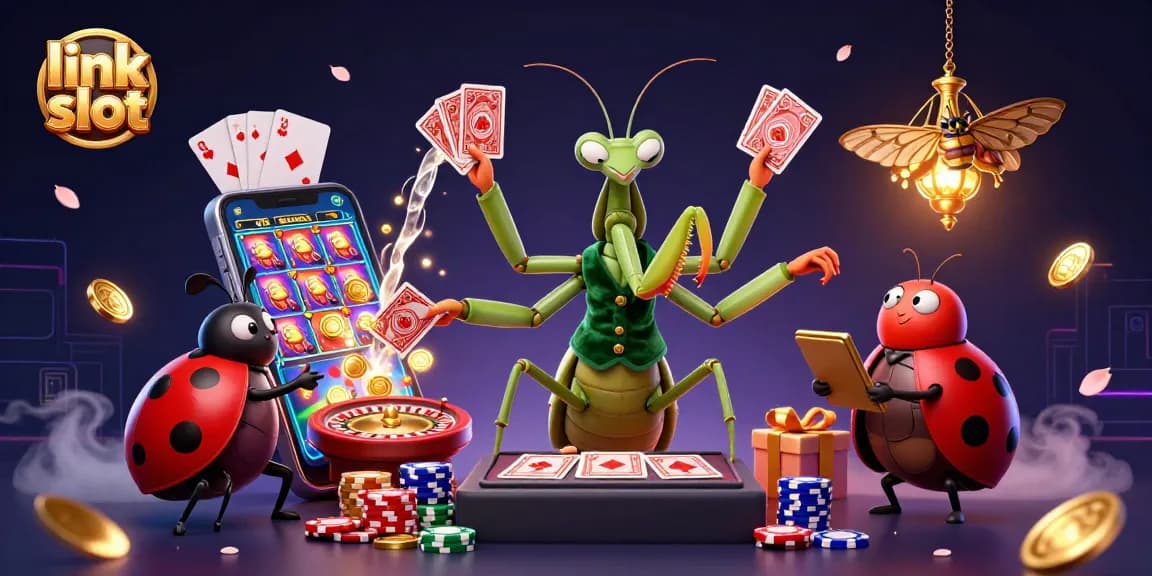 Permainan slot yang menarik di link slot dengan kartu dan chip dimainkan oleh karakter di kasino digital.