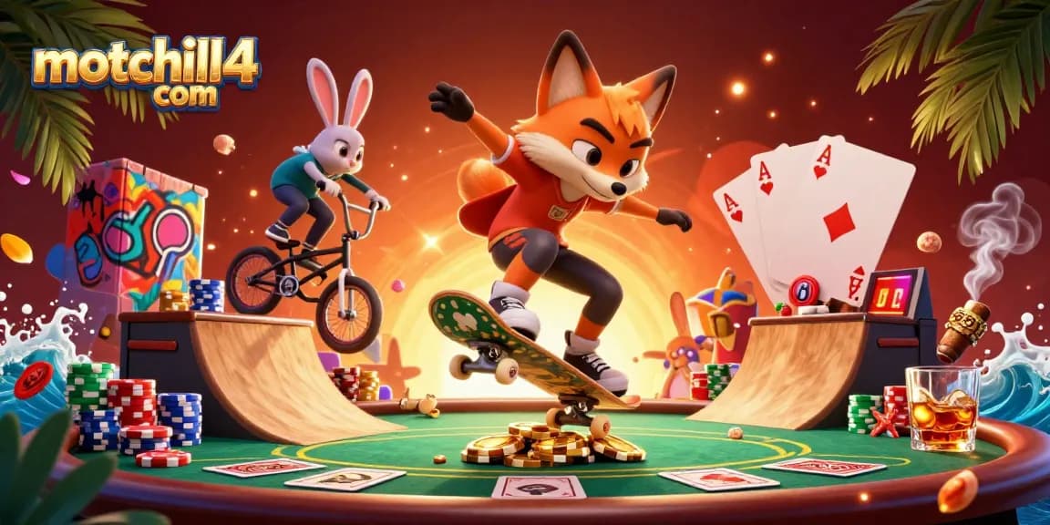 Engage with thrilling poker action at motchill4 com, featuring skateboard fox and BMX rabbit in a dynamic scene.