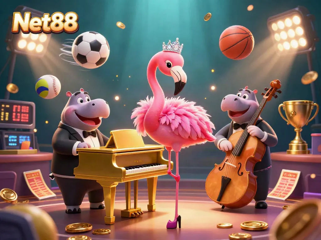 Experience Net88's vibrant casino atmosphere with colorful characters and dynamic sports action.