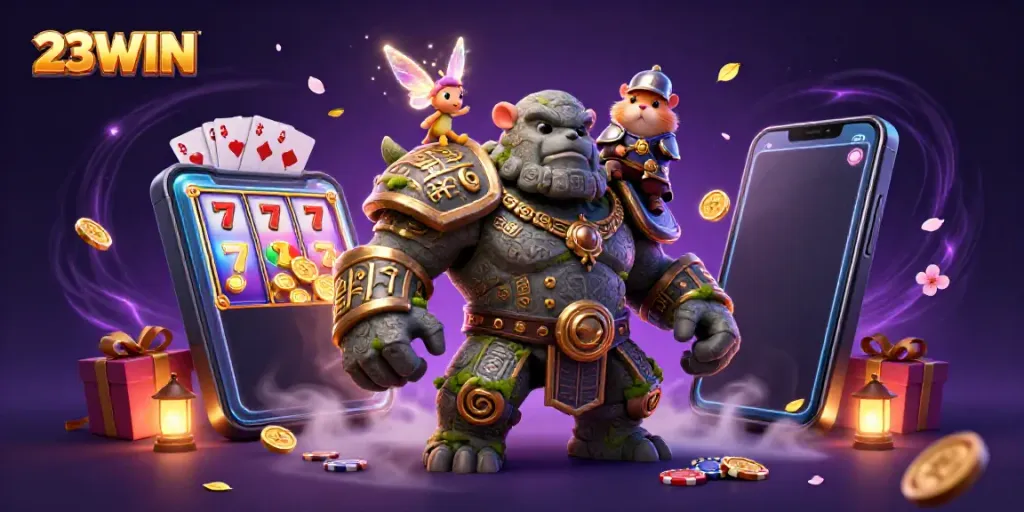 Experience the thrill of 23WIN with magical characters amidst vibrant casino elements.
