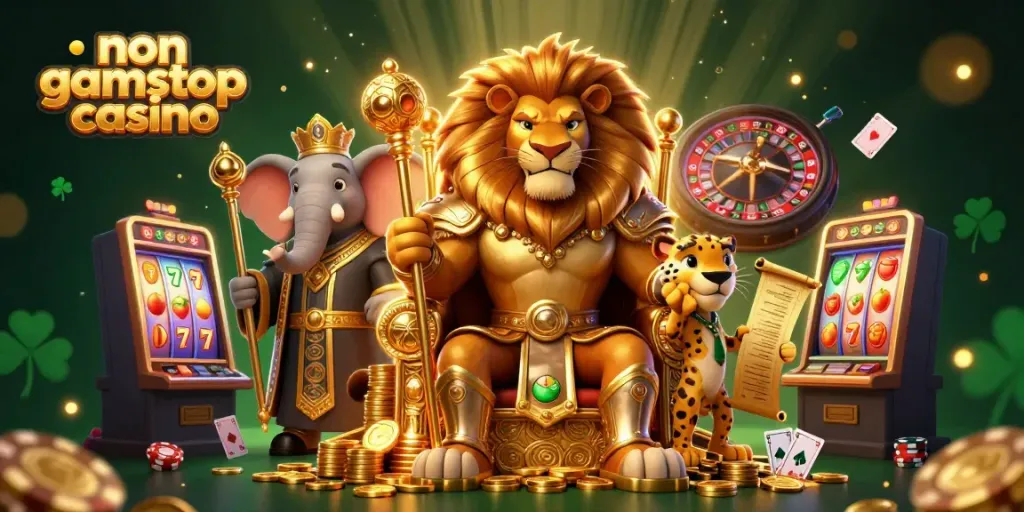 Experience excitement at a non gamstop casino with colorful symbols and lucky charms in vibrant 3D.