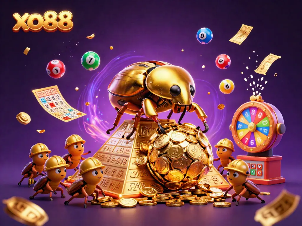 Experience winning thrills at xo88, illustrating a dynamic casino scene with golden beetles and vibrant lottery elements.