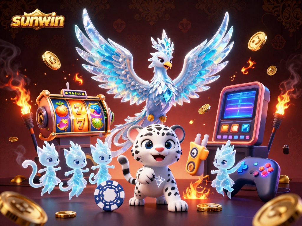 Win big with sunwin as the ice phoenix and snow leopard cub explore vibrant casino games.