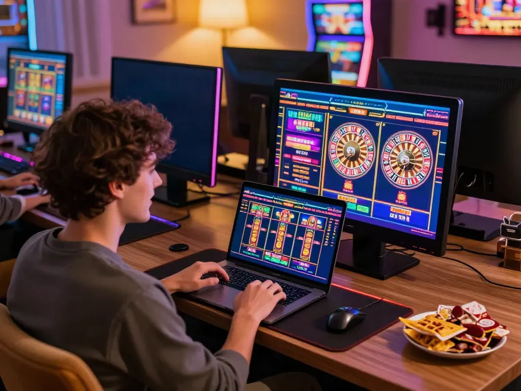 Player enjoying an online casino not on gamstop experience with vibrant gaming interface and cozy setting.