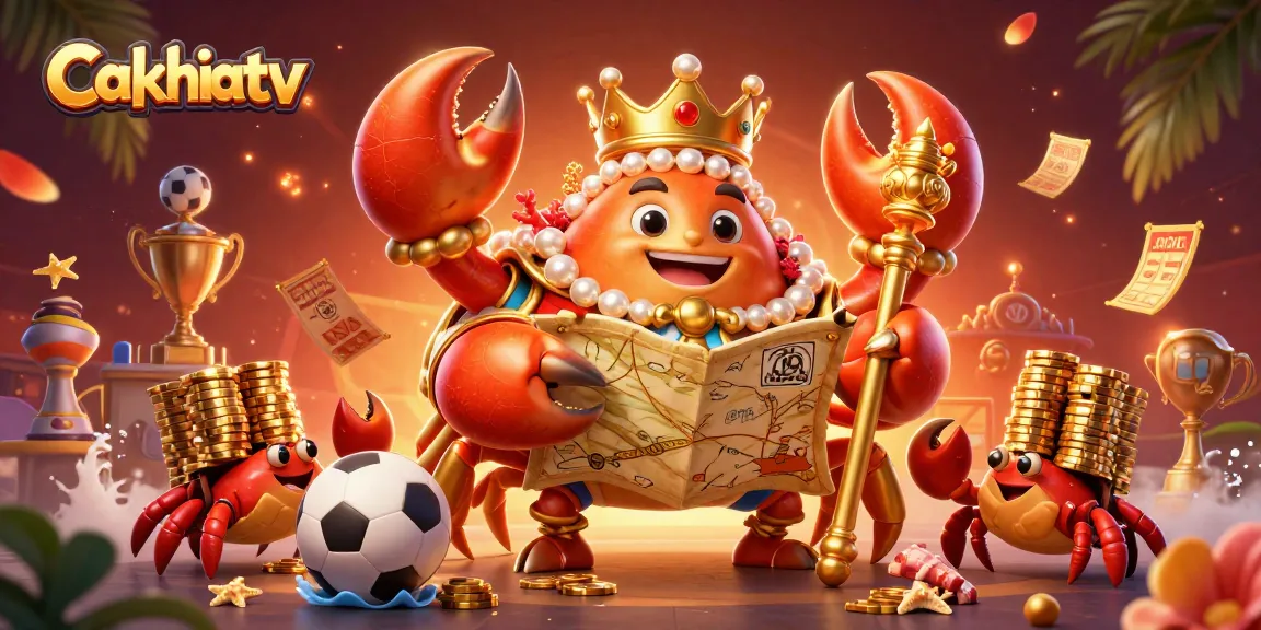 Experience the excitement of sports betting with Cakhiatv as the golden crab emperor leads in a vibrant scene.