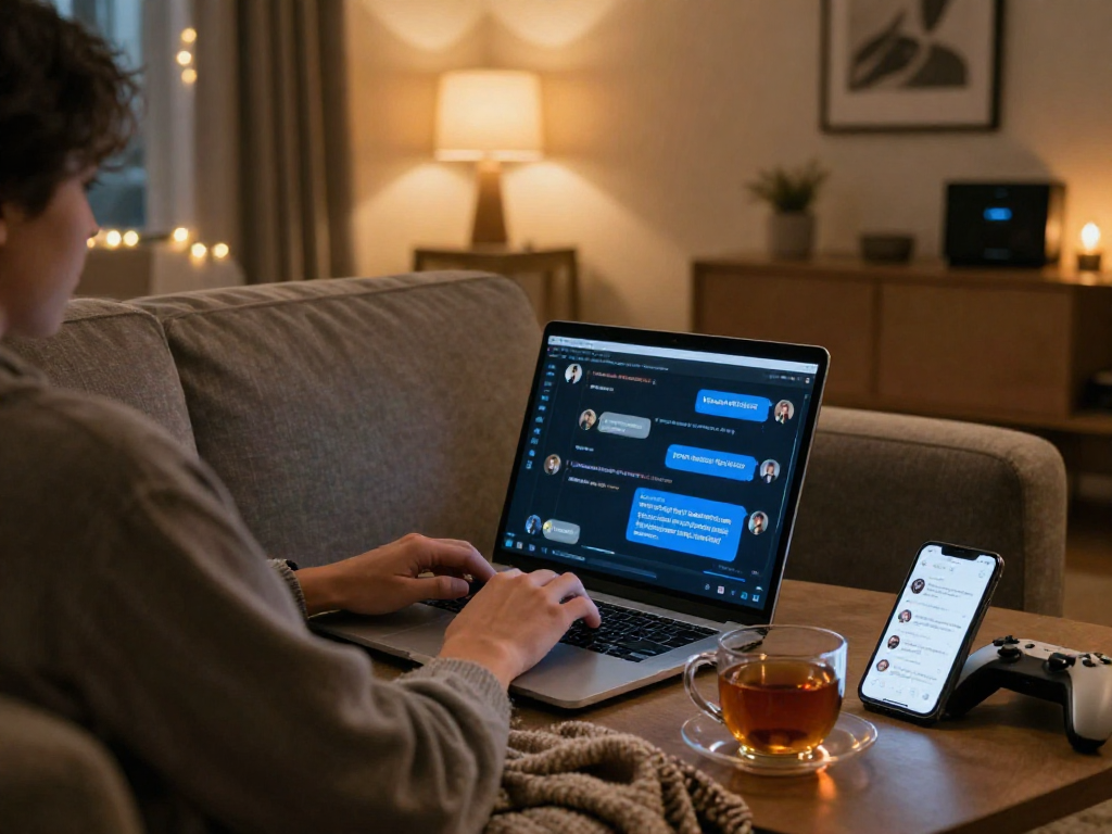 Engaging in nsfw AI chat on laptop in a cozy living room with tech accessories.