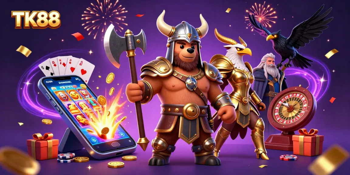 Win big with TK88 at a vibrant casino scene featuring characters and gaming elements.