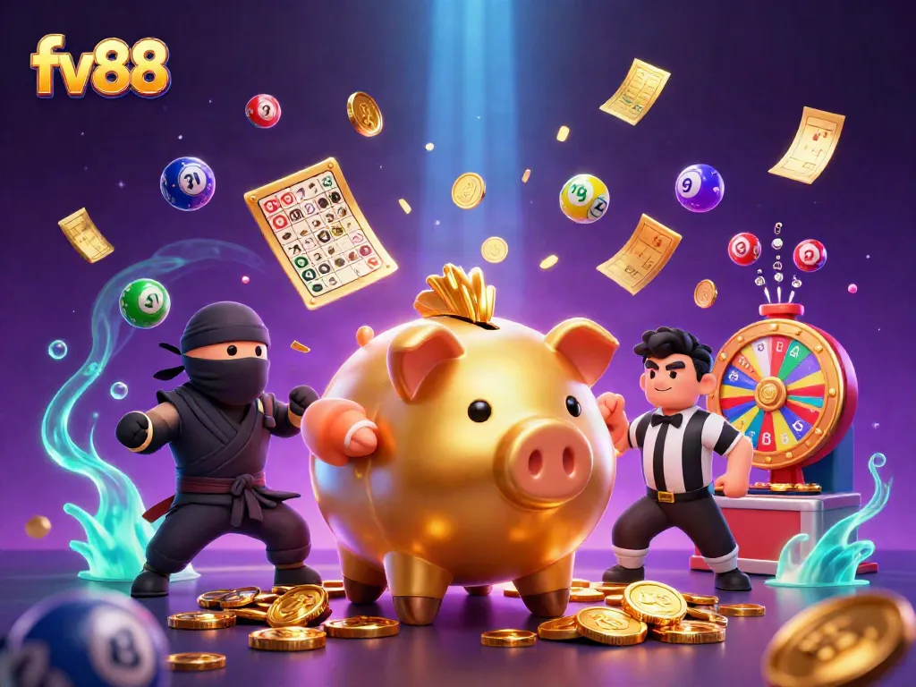 Experience the excitement of fv88 with a gold piggy bank sumo wrestler shaking golden coins, amidst vibrant lottery balls.