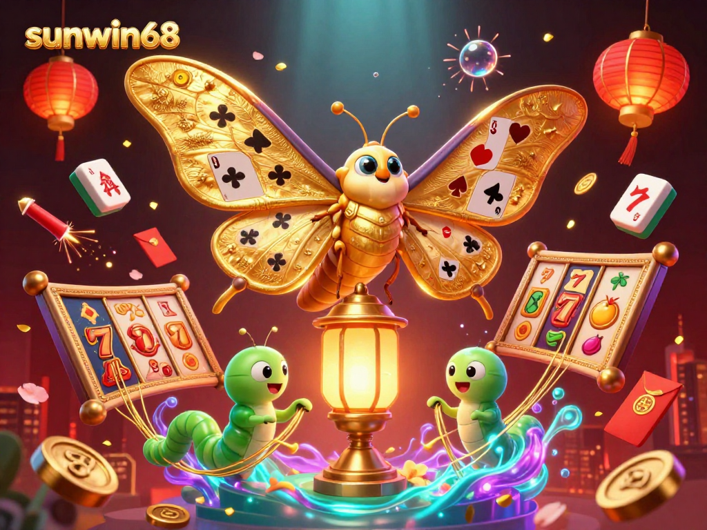 Play thrilling slots with sunwin68, featuring golden wings and vibrant casino elements.