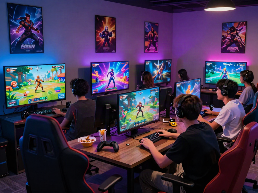 Friends engaged in a porngame in a dynamic digital gaming room.