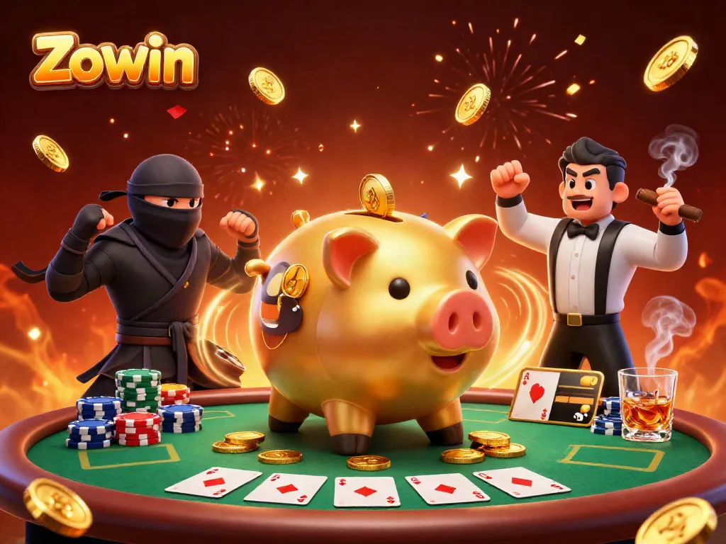 Zowin brings excitement with a golden piggy bank sumo wrestler and vibrant casino elements.