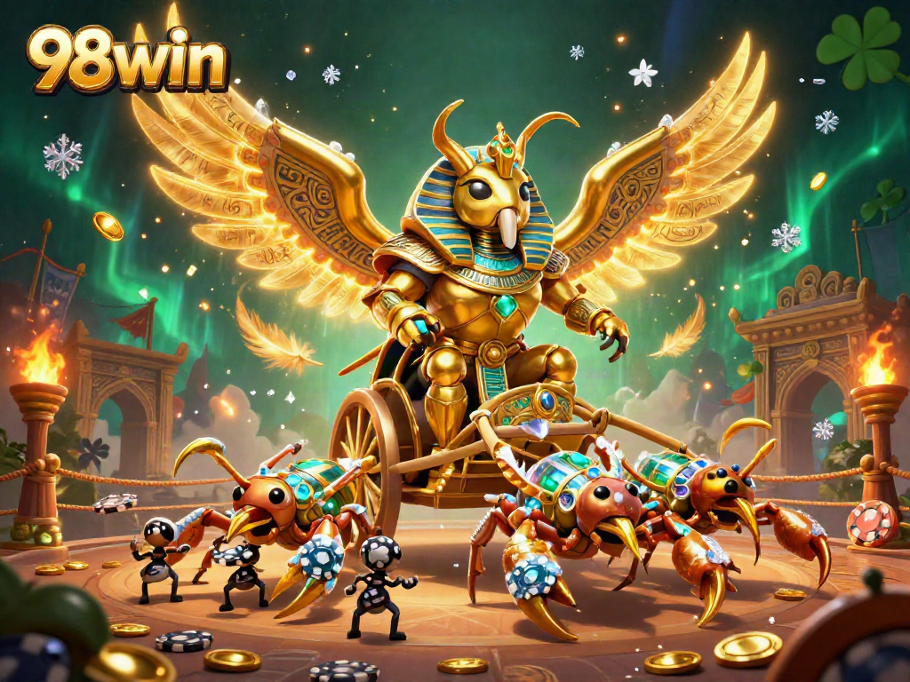 Engage with 98win's dazzling gaming experience featuring golden scarabs and poker action.