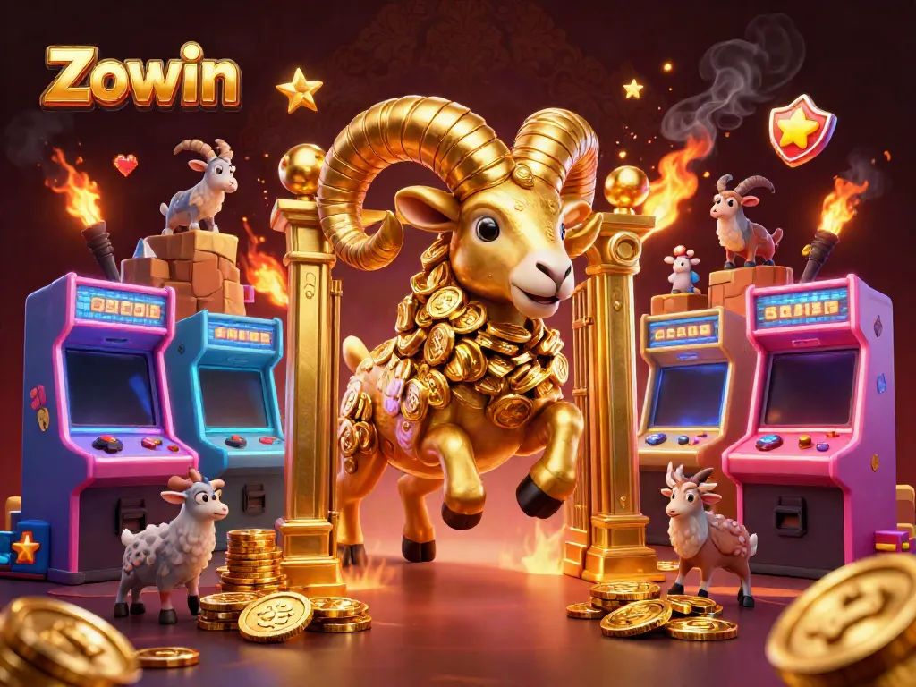 Zowin engages players with a dynamic golden ram scene in a vibrant casino-themed illustration.