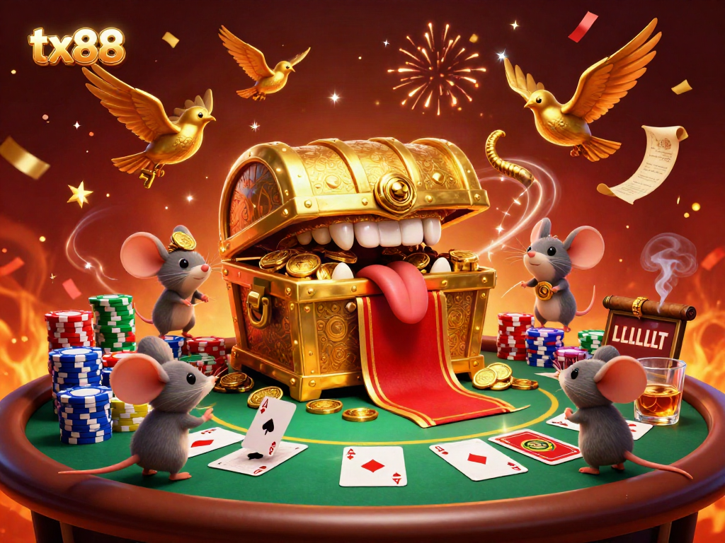Experience the thrill of tx88 with a dynamic casino illustration featuring cartoon elements and poker action.