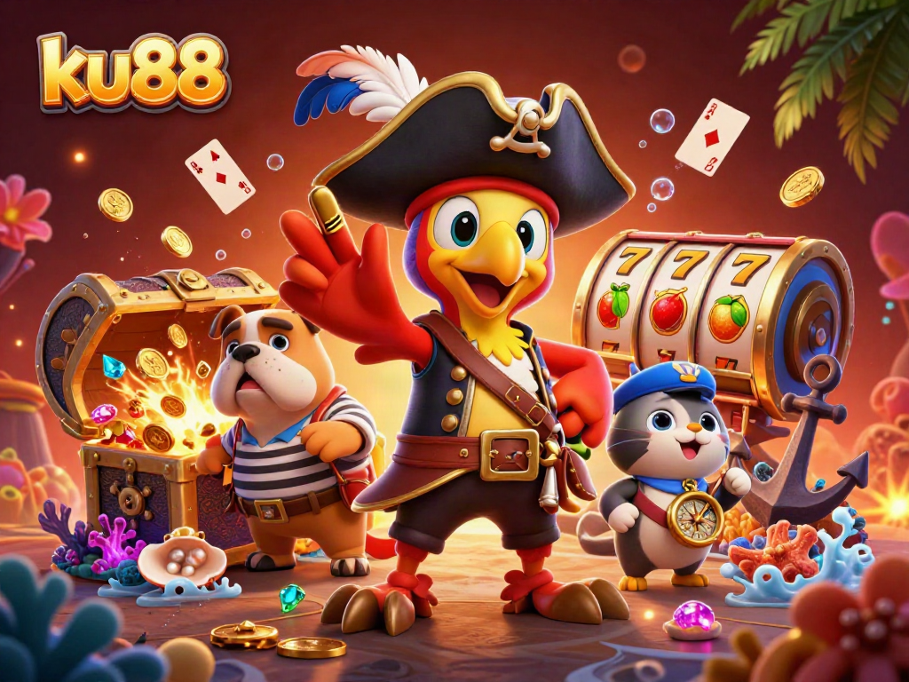 Experience exciting wins with ku88 in a vibrant pirate-themed casino illustration!