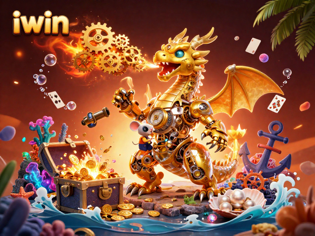 iwin features a magical dragon breathing gears amidst exploding treasure, enhancing the gaming experience