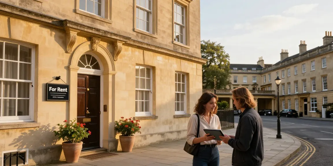 Managed Airbnb hosting Bath with a scenic Georgian townhouse and couple discussing rental plans.