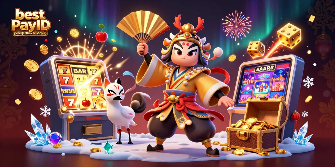 Experience excitement at the best PayID pokies sites Australia with vibrant casino-themed illustration packed with game action.
