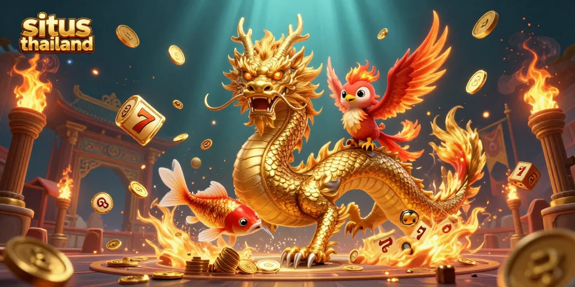 Situs Thailand promotes thrilling gameplay with golden dragon and phoenix in dazzling casino scene.