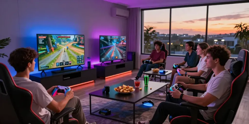 Friends enjoying a gaming night featuring rokok88 super with vibrant lighting and snacks.