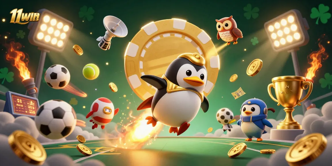 Experience thrilling gaming moments with 11WIN, featuring a golden penguin in cosmic action.