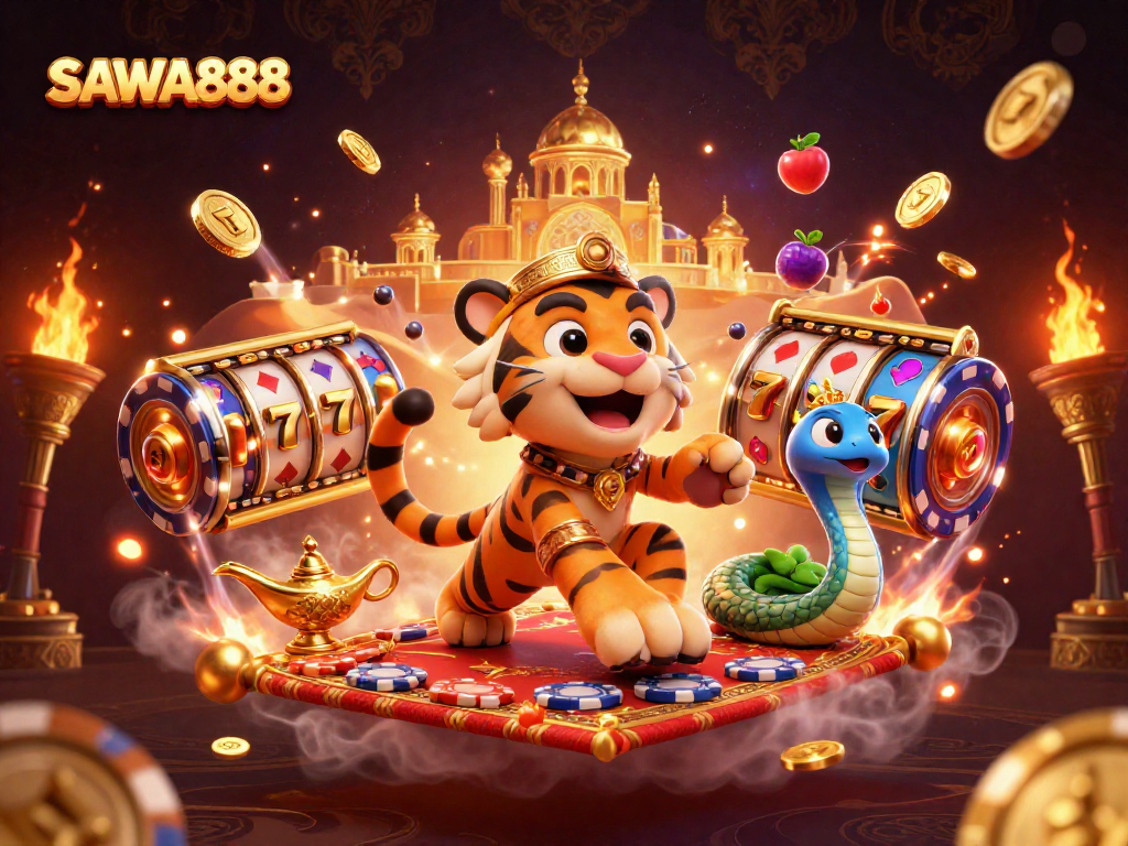 Experience the thrill of SAWA888 with a vibrant Arabian-themed casino scene featuring dynamic slot elements.