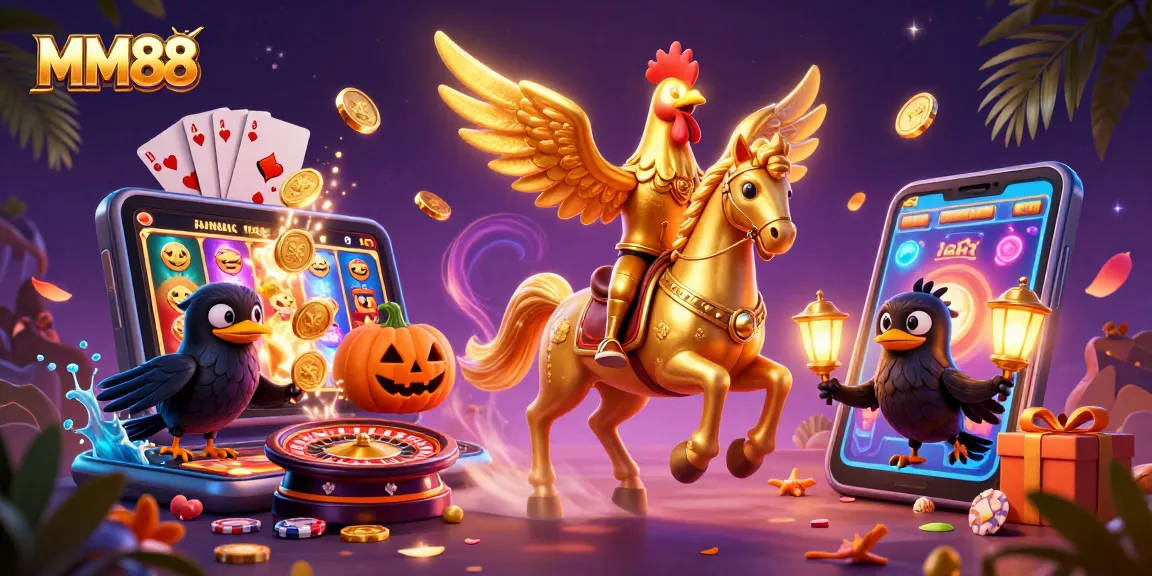 Bet on MM88 with a dynamic scene of a golden rooster and casino excitement.
