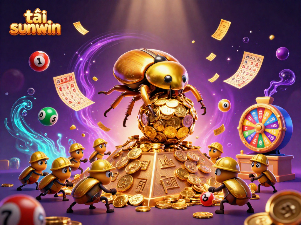 Tải Sunwin for thrilling casino experiences, featuring a golden dung beetle rolling coins and vibrant lottery elements in action.