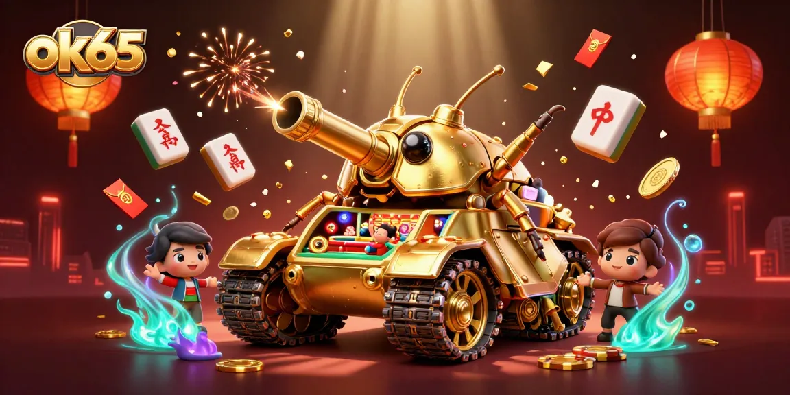 Engage with the dynamic ok65 casino scene featuring a golden beetle tank with confetti bursts and glowing lanterns.