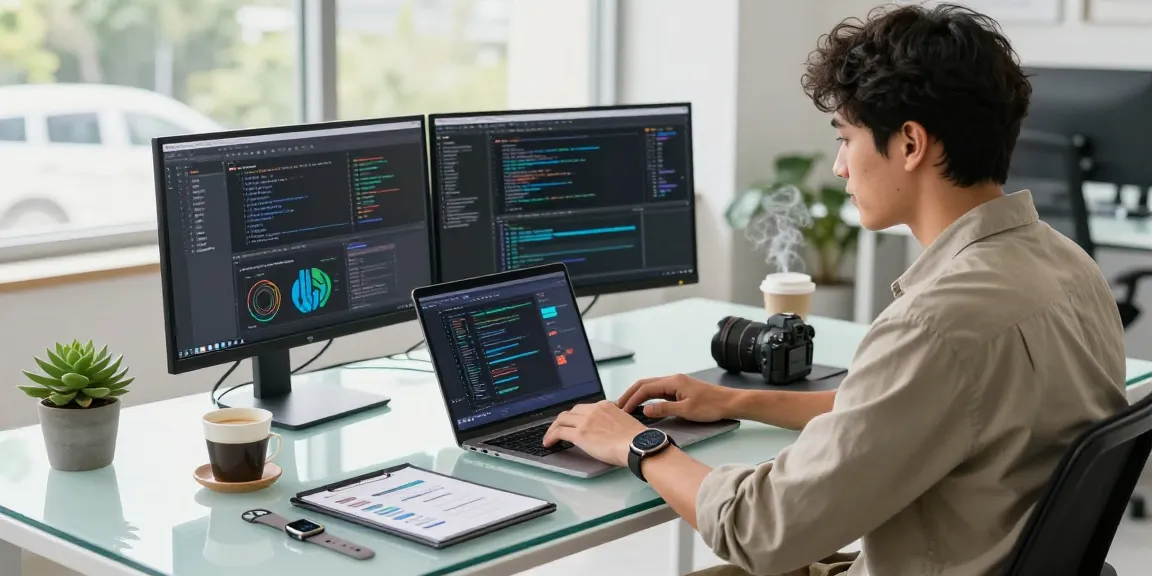 M5 MacBook showcased in a modern tech workspace, with dual monitors and vibrant office elements.
