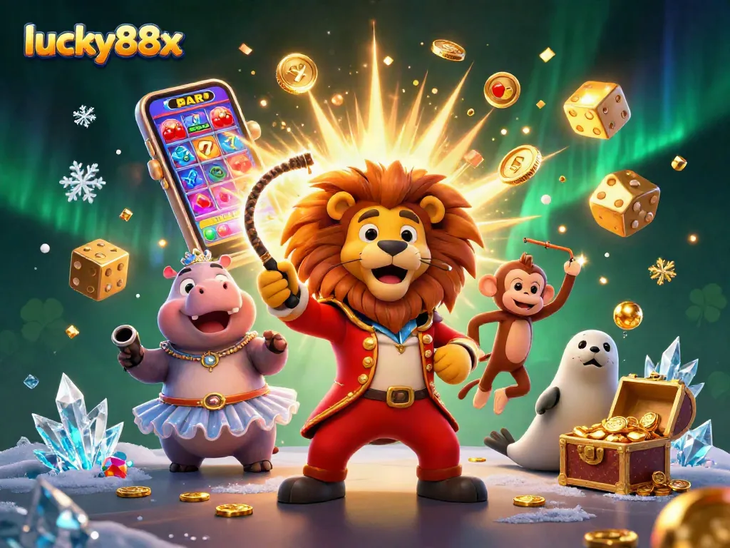 Experience thrilling wins at lucky88x with a vibrant casino scene showcasing exciting slot machines and playful characters.