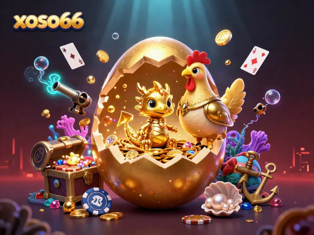 xoso66 showcases a golden dragon amid poker chips, surrounded by a vibrant casino-themed scene.