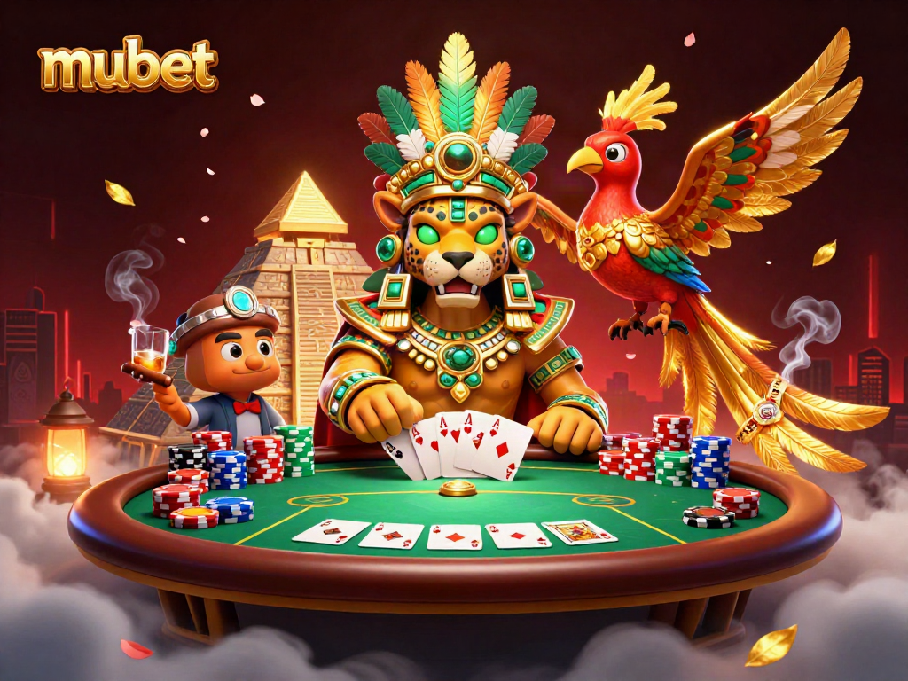 Play with mubet at a vibrant poker scene featuring a Mayan jaguar priest and golden quetzal bird