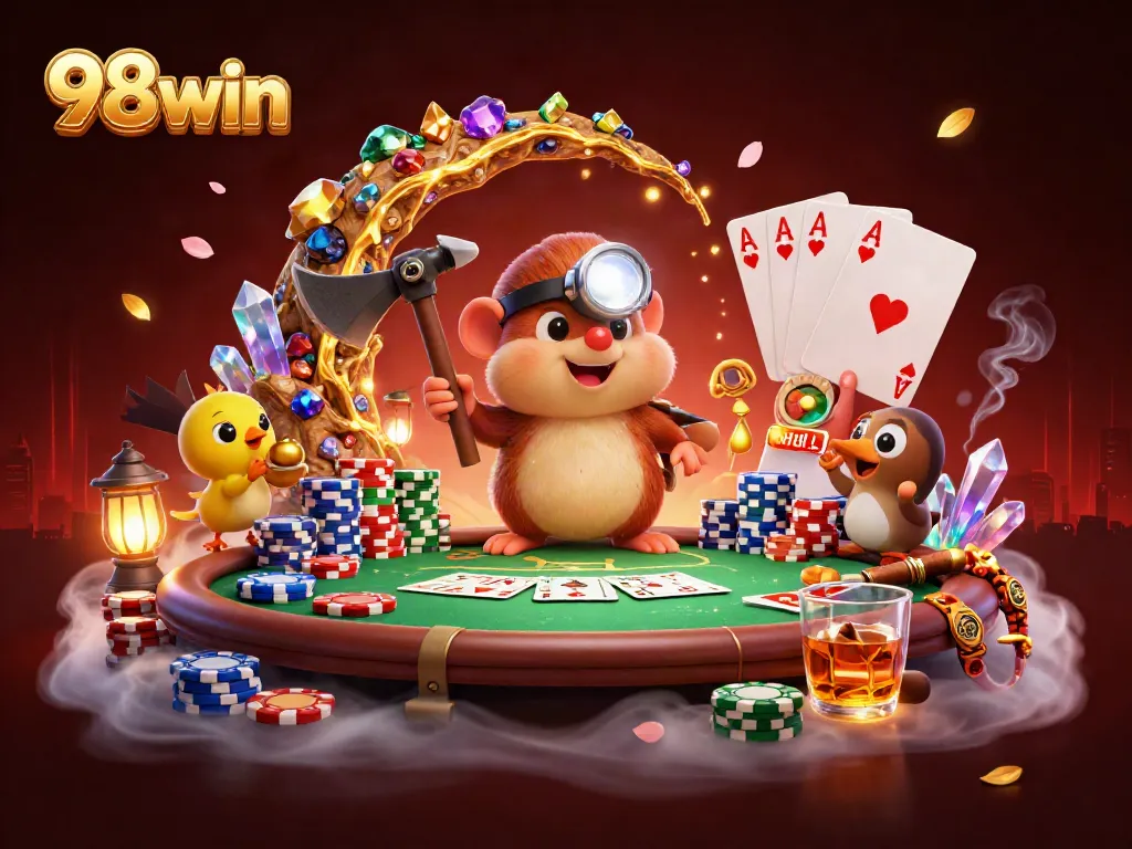Experience thrilling gameplay at 98win with an exhilarating scene full of poker action and treasure hunting.